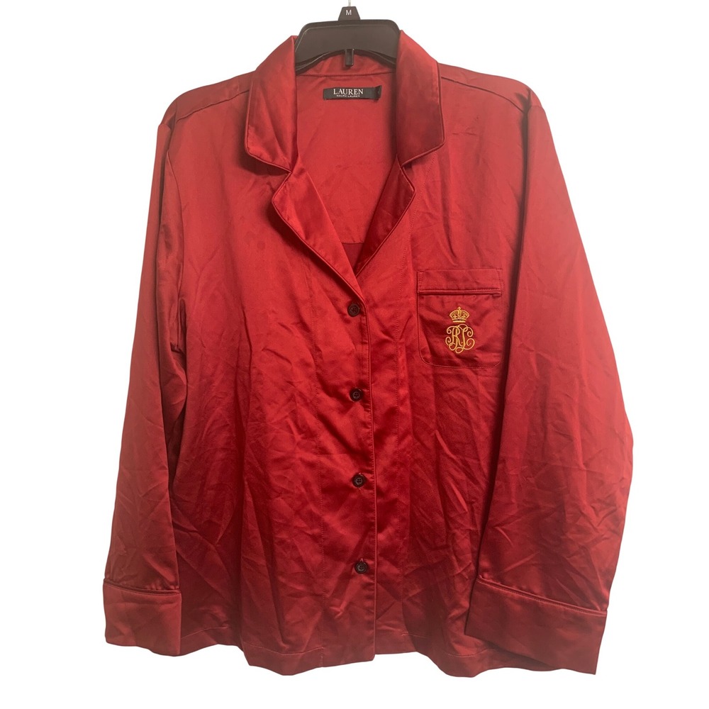 Lauren Ralph Lauren Red Satin Pajama Top XL Embroidered Crest ‎ Old Money